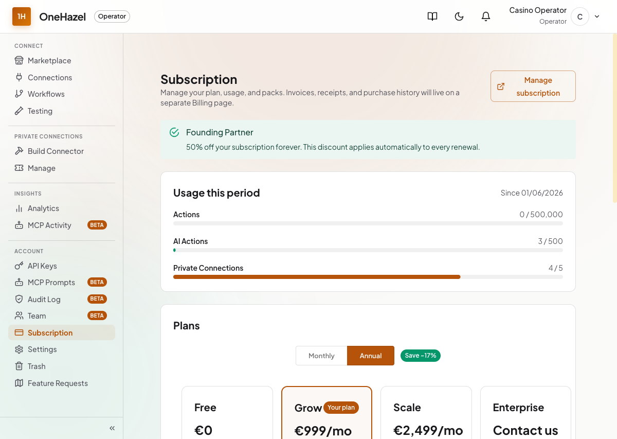 Subscription and billing page